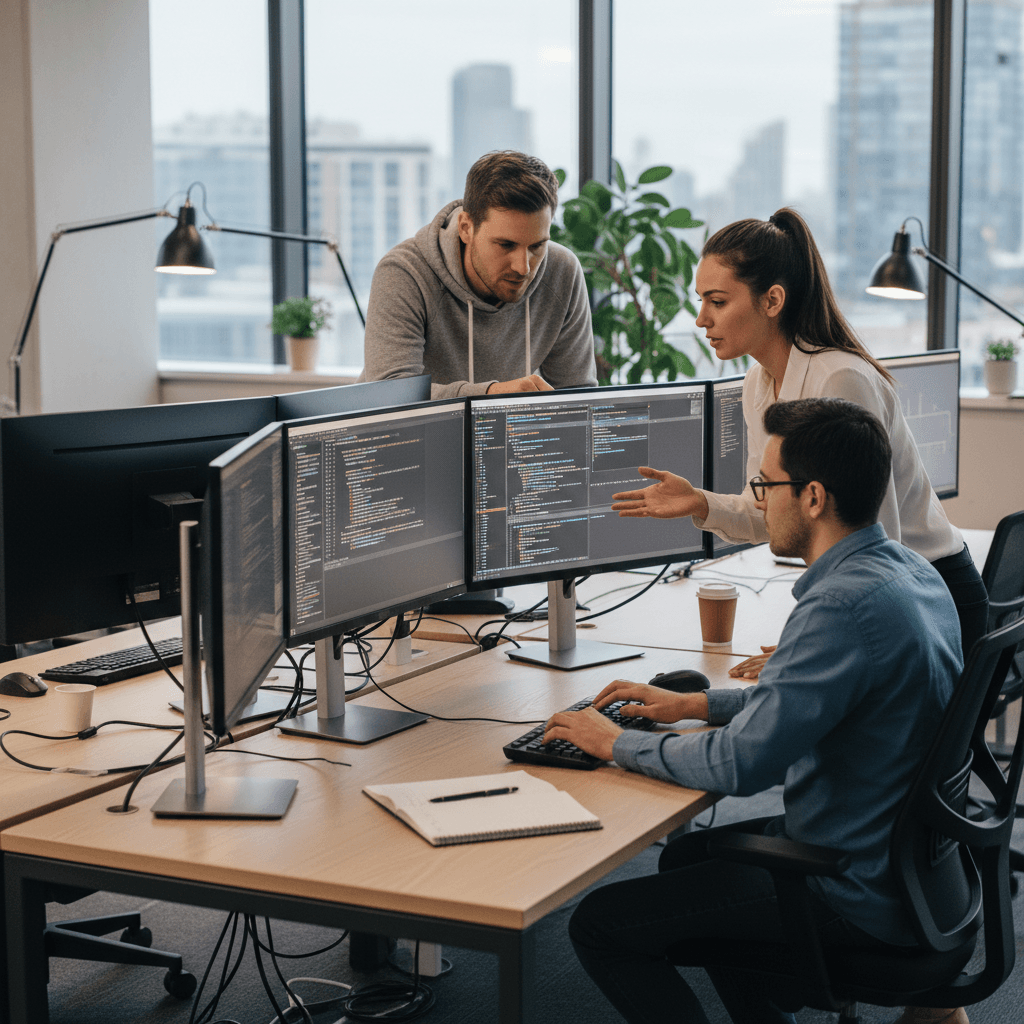 NovaGrid Labs team working on microservices architecture design