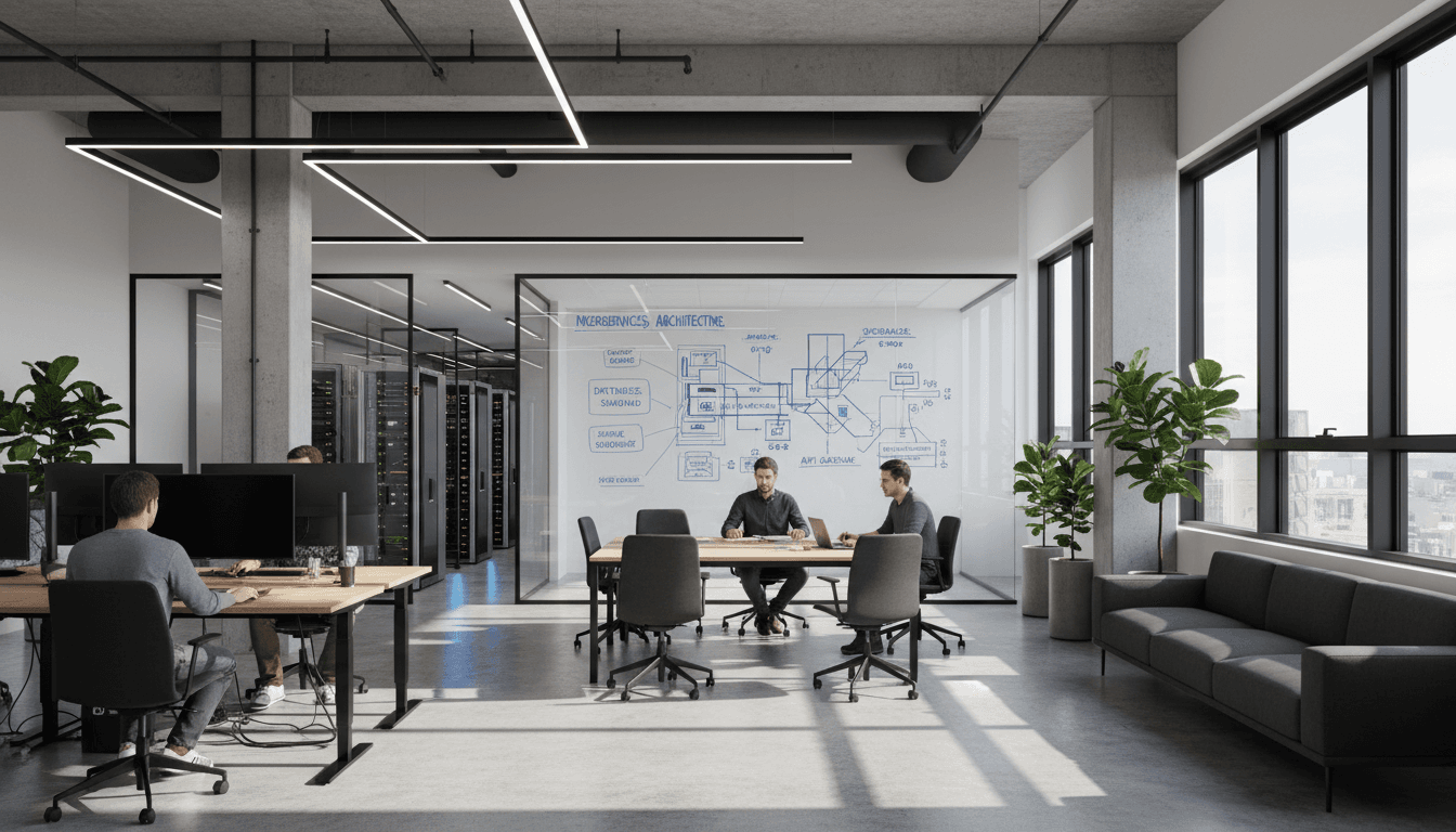 Software development team working on API architecture